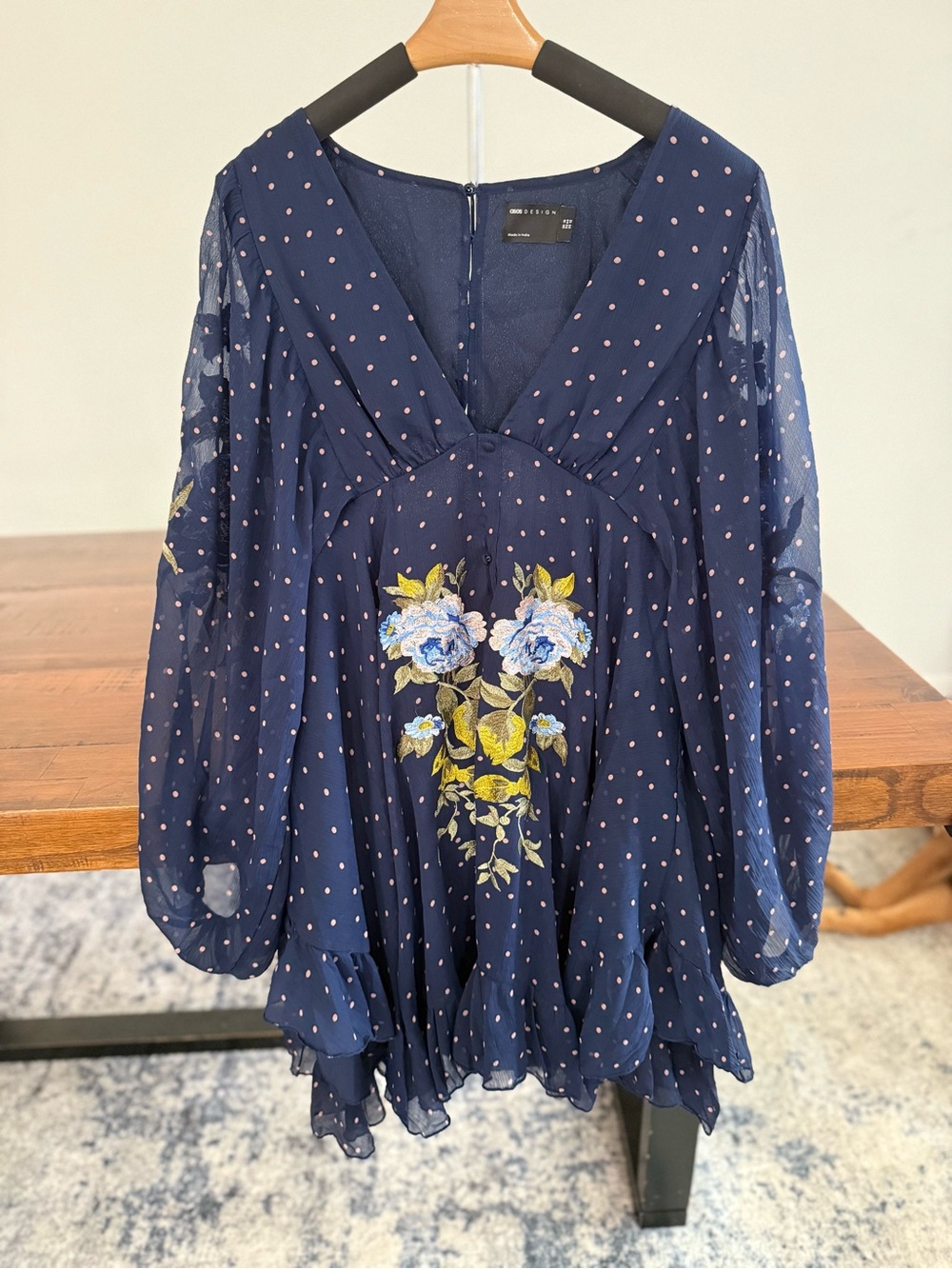 ASOS DESIGN Navy Floral Embroidered Polka Dot Open Back Long Sleeve Mini Dress